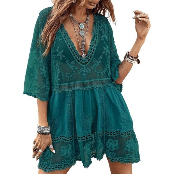 Womens Green Lace Swimsuit Coverup Embroidered V-Neck Eomenie One Size Dress Top - Picture 1 of 12